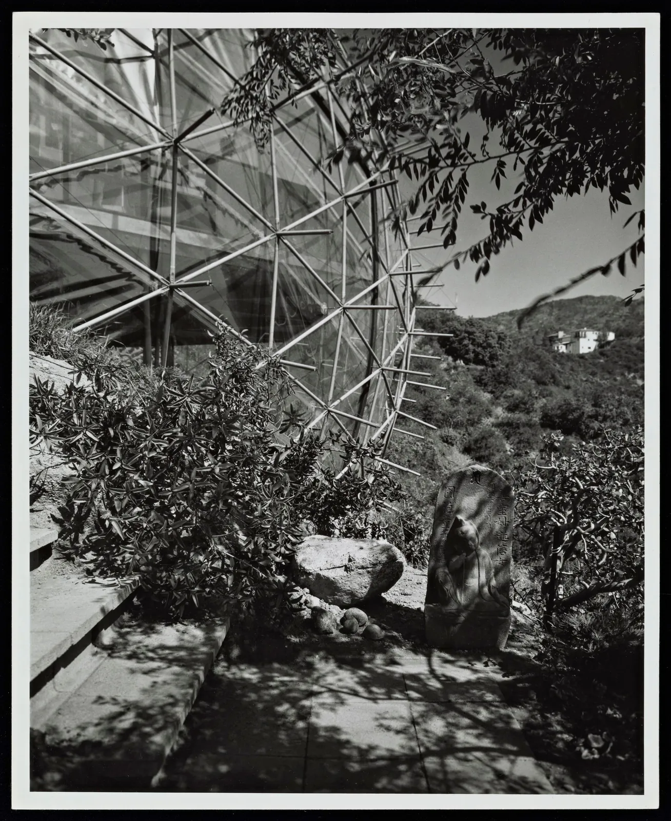 The dome seen through foliage and boulders on the hillside.